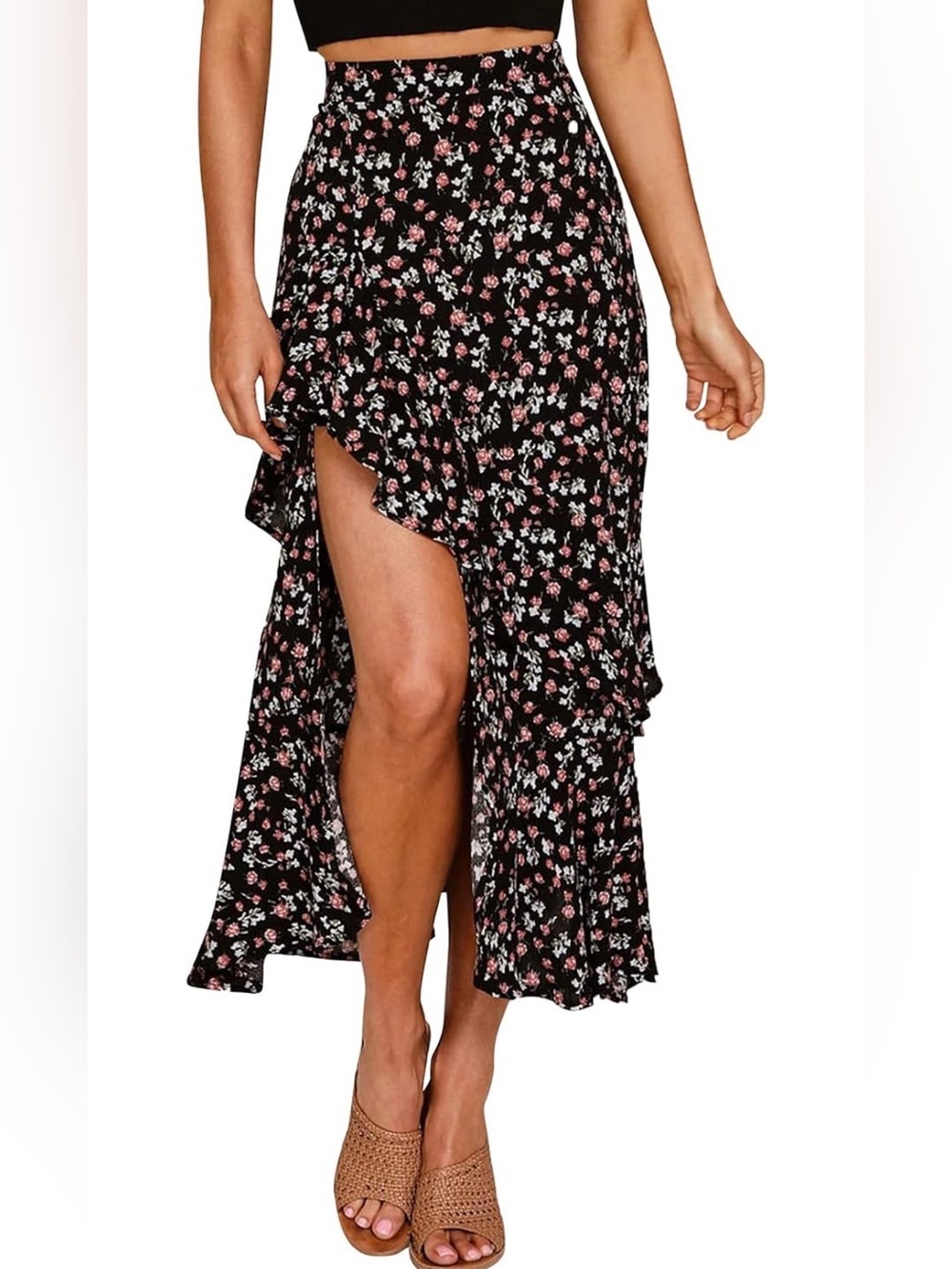 Zojuyozio Black Floral High Low Midi Skirt Side Slit Ruffle NWT | XL